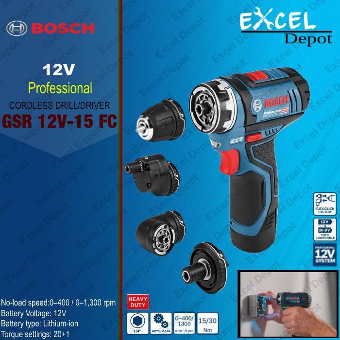 BOSCH Professional Cordless Drill/Driver 12V GSR 12V15 FC FlexiClick 5in1 100 Original