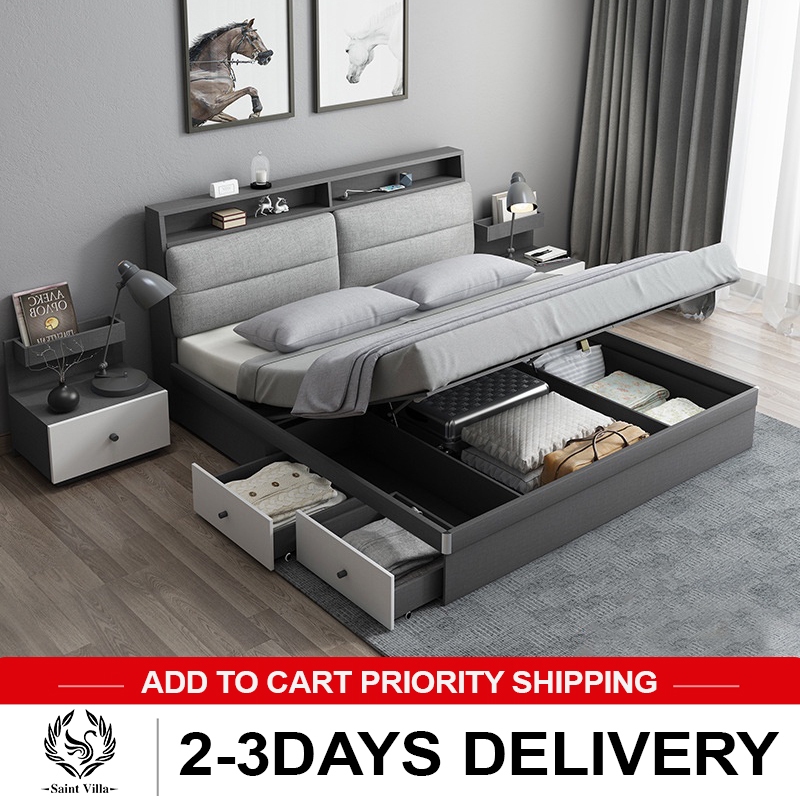 Scandinavian double bed tatami bed storage bed upholstered back bed