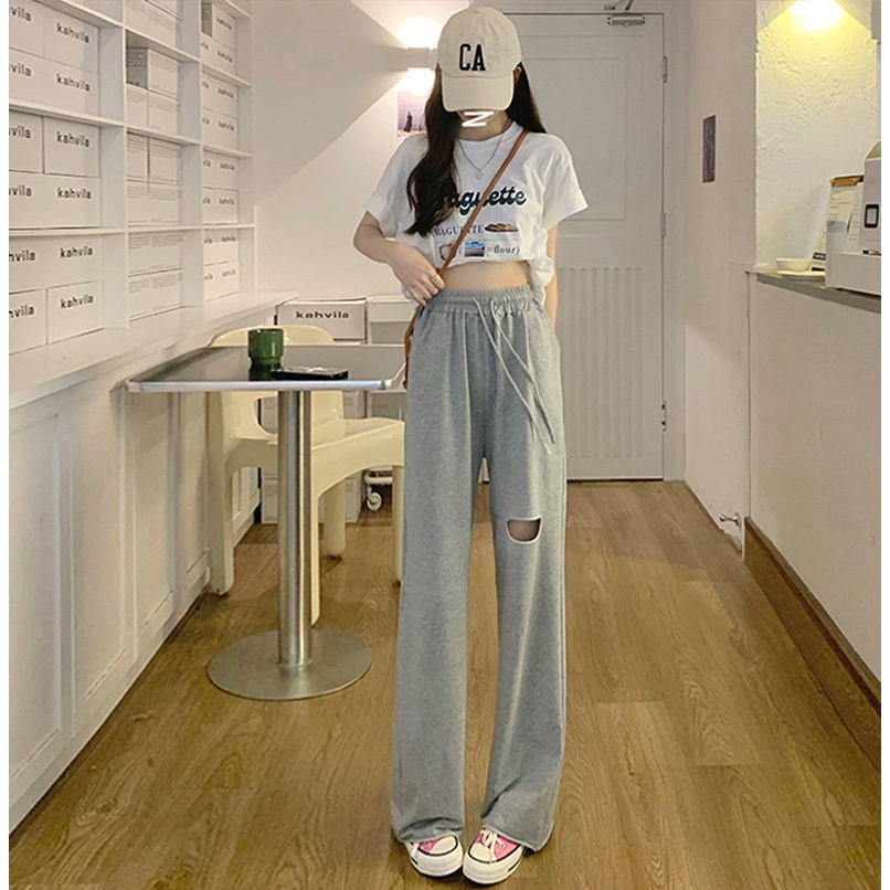 Grey sanitary pants, summer thin sports pants, perforated wide leg ...