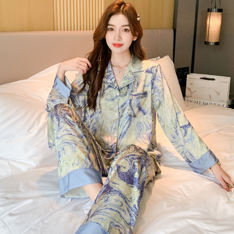 Women Ice Silk Pajama And Long Sleeved Cardigan Printing Suit | Shopee ...