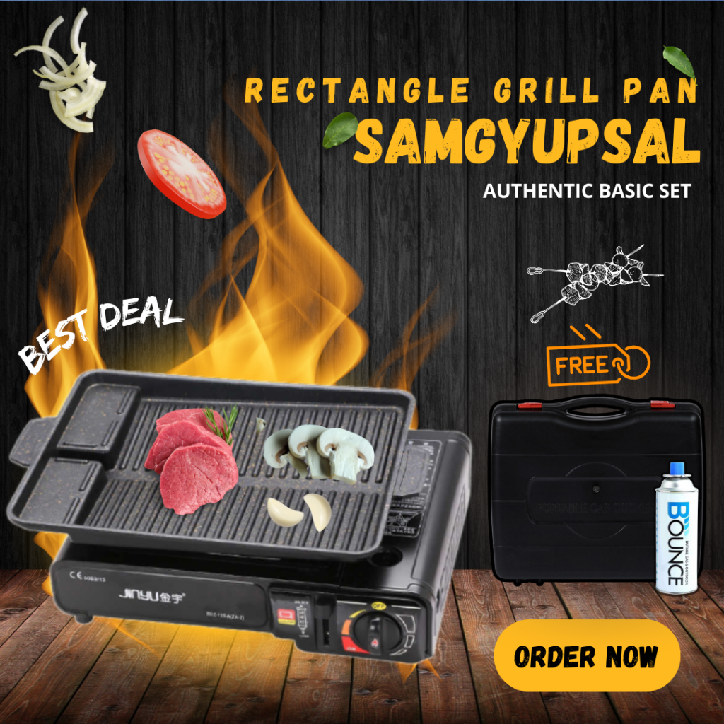 BEST SET Samgyupsal Rectangle Pan Grill Set FREE BUTANE GAS & STOVECASE