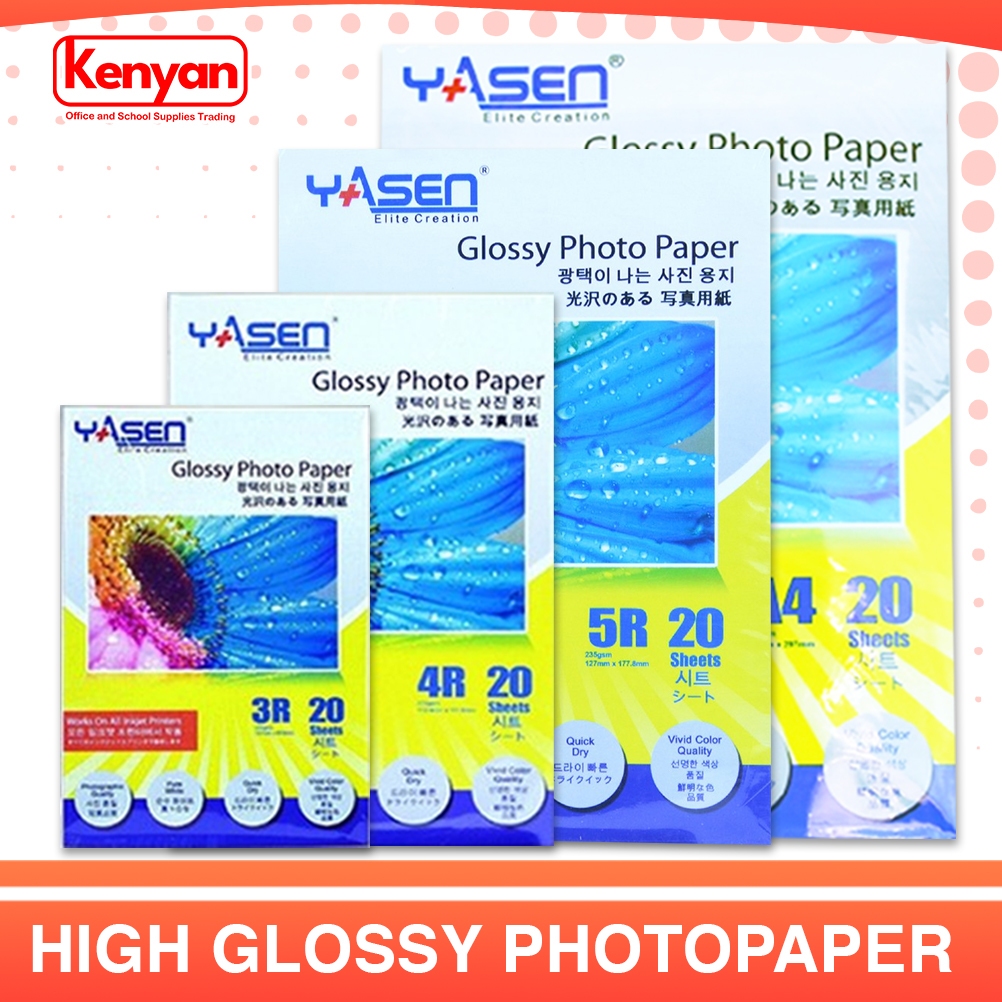 Yasen High Glossy Photopaper (3R,4R,5R,A4) 230 GSM 20sheets per pack ...