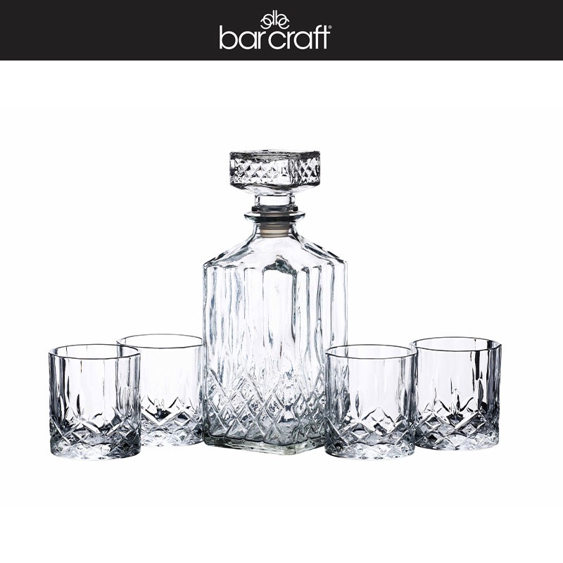 BarCraft 900 ml Cut Glass Decanter Set (5 Pieces) with Silicone