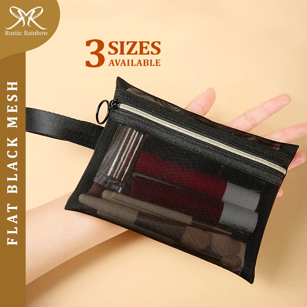 [3 SIZES] Flat Black Mesh Pouch Organizer Storage Portable Cosmetic Bag ...