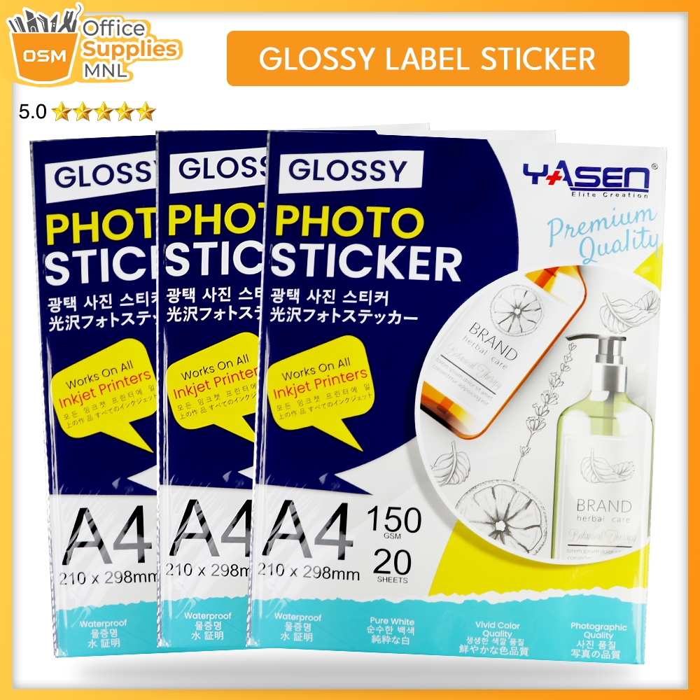 Yasen Glossy Photo Sticker Paper Inkjet Sticker Waterproof A4 Size