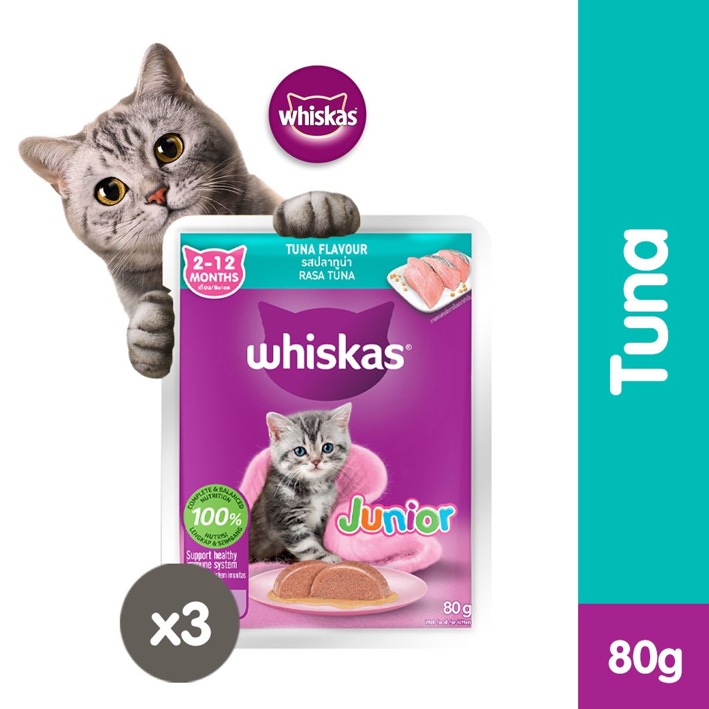 WHISKAS Junior Kitten Food Pouch Kitten Wet Food in Tuna Flavor (3