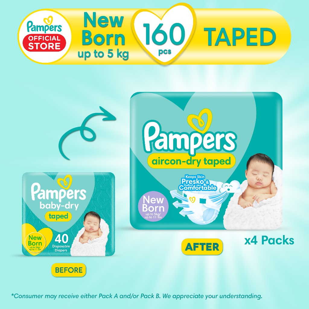 Pampers Baby Dry Taped Diapers Newborn 40s x 4 packs (160 pcs) Shopee