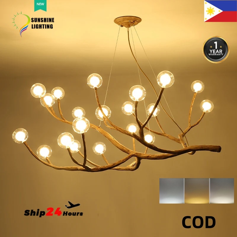 Rustic Tree Branch Chandelier 16 Head Retro Wooden Pendant Lamp Farmhouse  Kitchen Glass Bubble Lamp