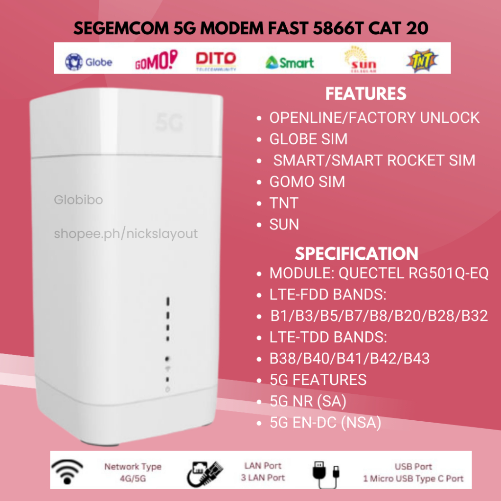 4G/4G++/5G MODEM 5866T CAT20 OPENLINE to all networks(GLOBE,SMART,DITO,SMARTROCKET,GOMO