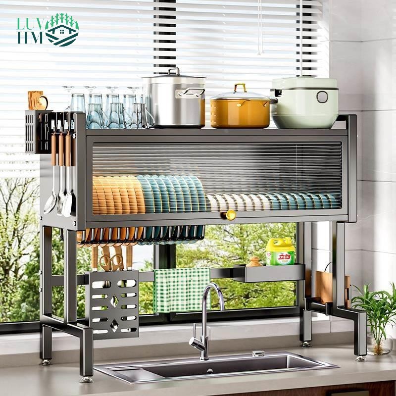 Metallic Dish Cabinet Rack Kitchen Dustproof Drain Rack With Cabinet Door  Multi-functional Sink Rack
