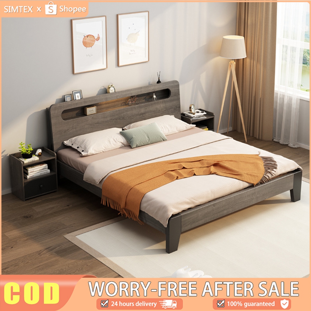 Nordic simple wood bed frame with headboard thick bed legs single