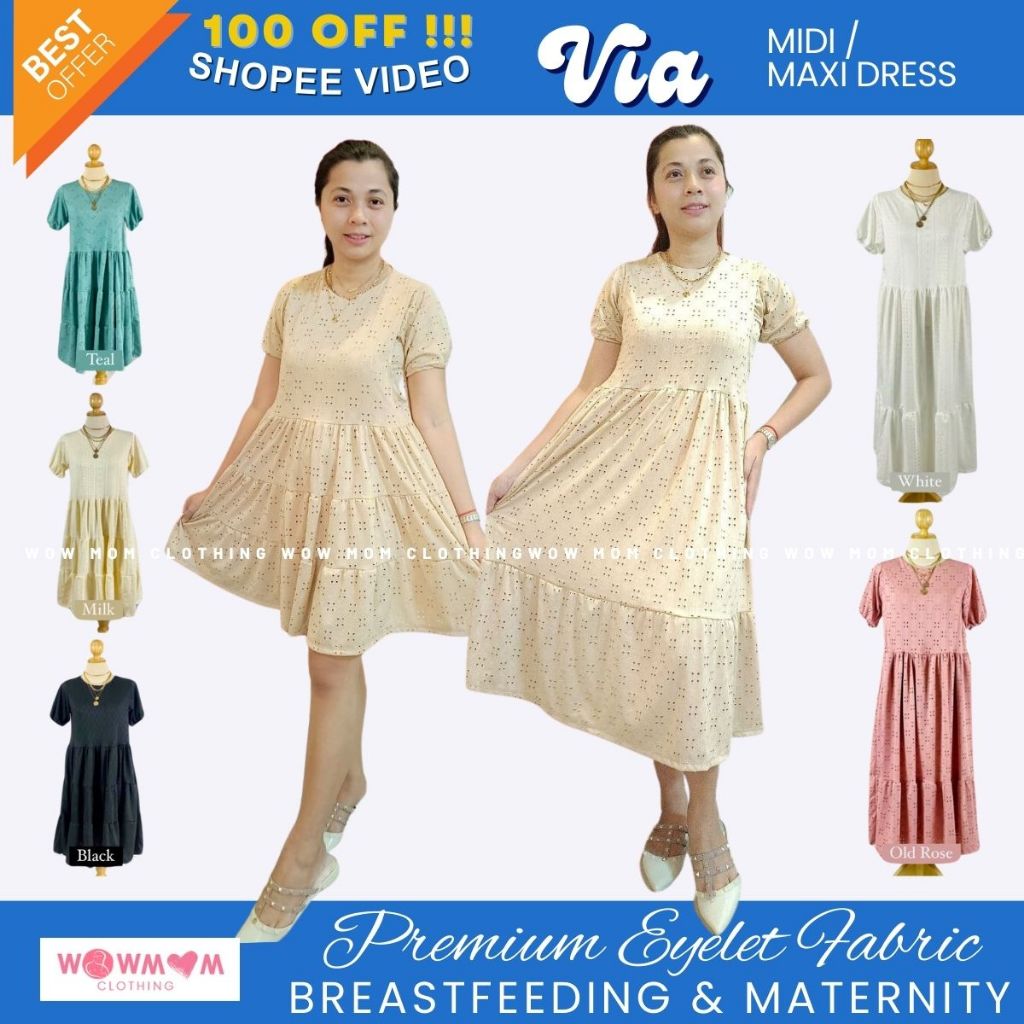 WOWMOM~VIA BREASTFEEDING MATERNITY MIDI MAXI Dress Eyelet Tiered