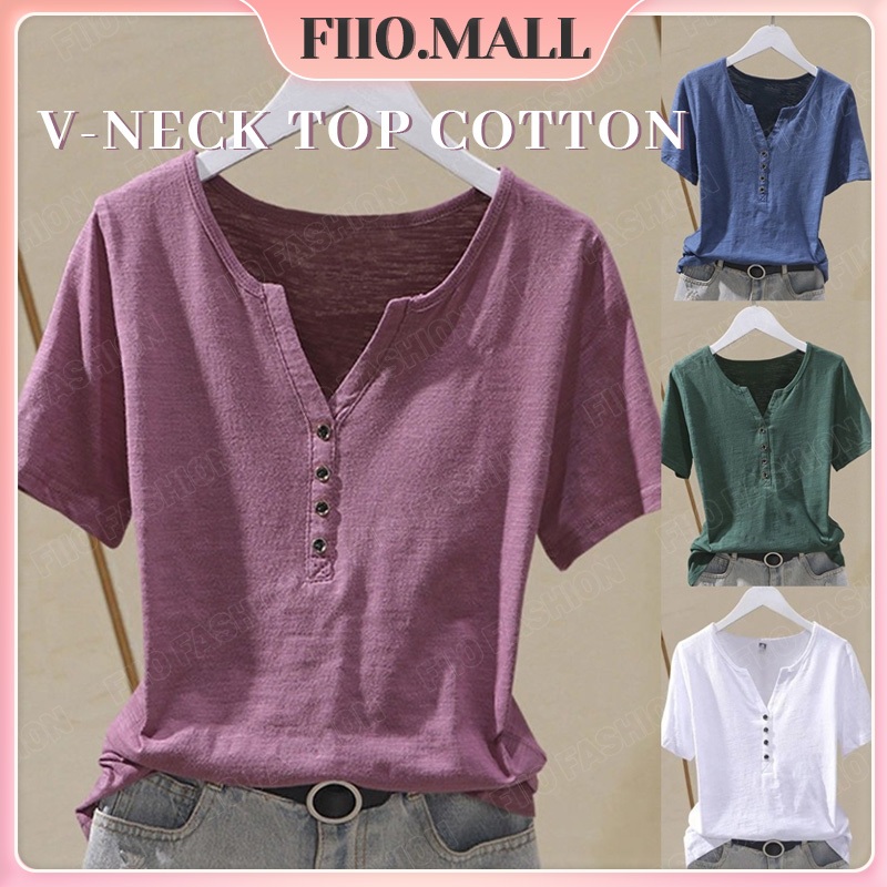Korean Style T Shirt For Women 2026.FIIO Blouse For Women Short-sleeved V-neck Korean Style T-shirt Plus ...
