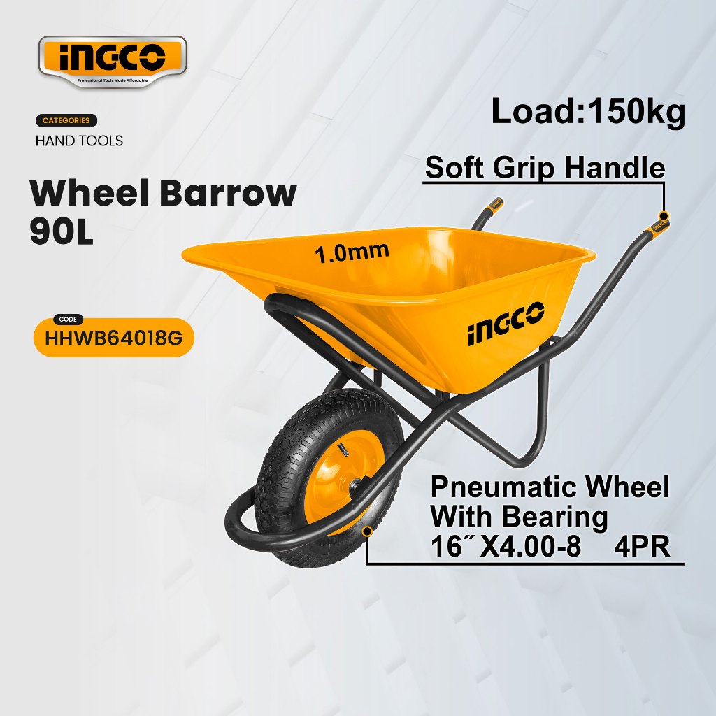 Ingco 150KG Wheel Barrow Pneumatic wheel with Two Tone Soft Grip Handle ...