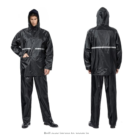 thumbnail image 2 of Men's Waterproof Motorcycle Rain Suit – Black PVC Polyester Jacket And Pants, Hooded, Hi-Vis Accents, US M-2XL 2 of 3
