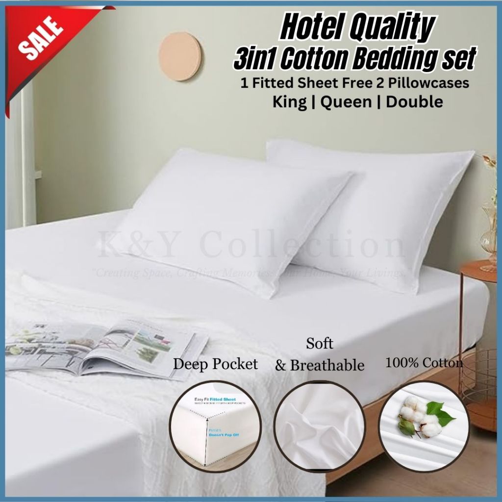 K&Y Hotel Quality Plain White 3in1 Bedsheet Queen Size Double Cotton