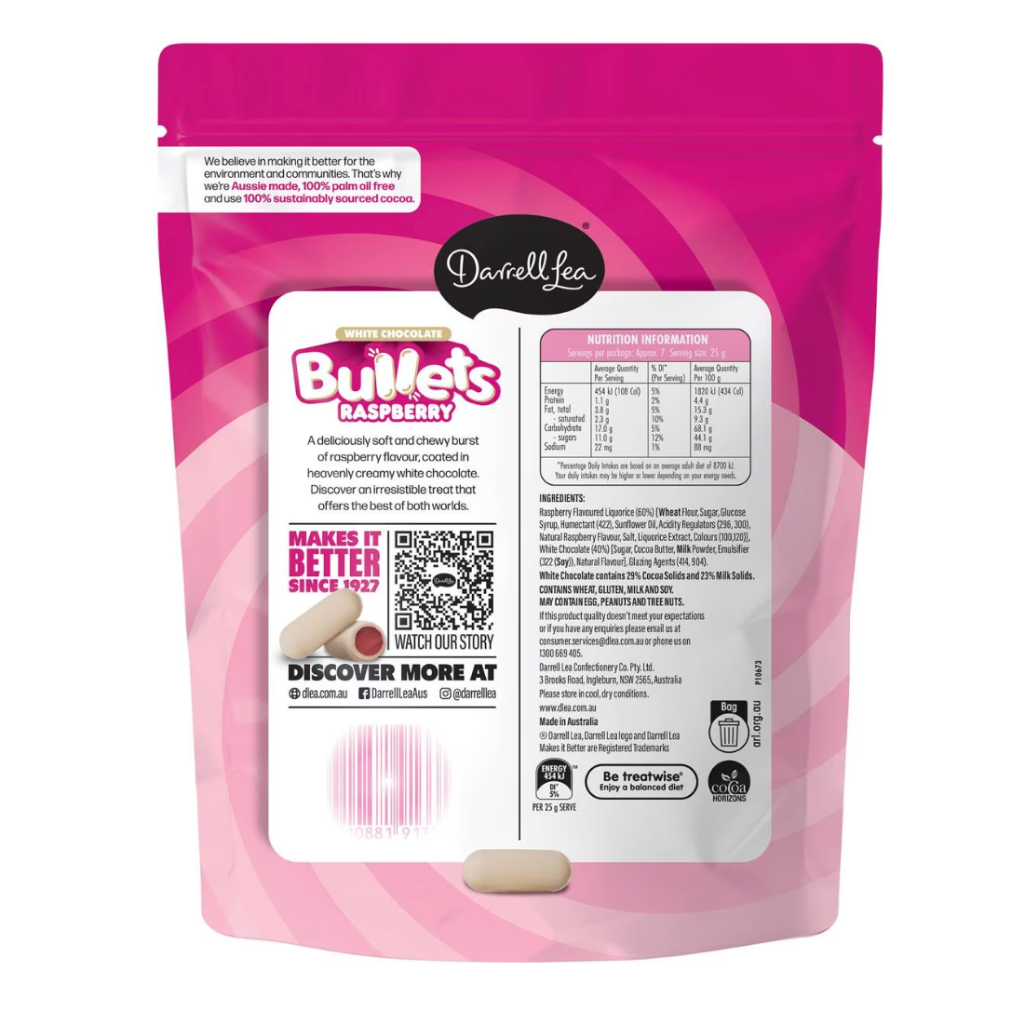 Darrell Lea White Chocolate Raspberry Bullets Share Bag 180g (expiry ...
