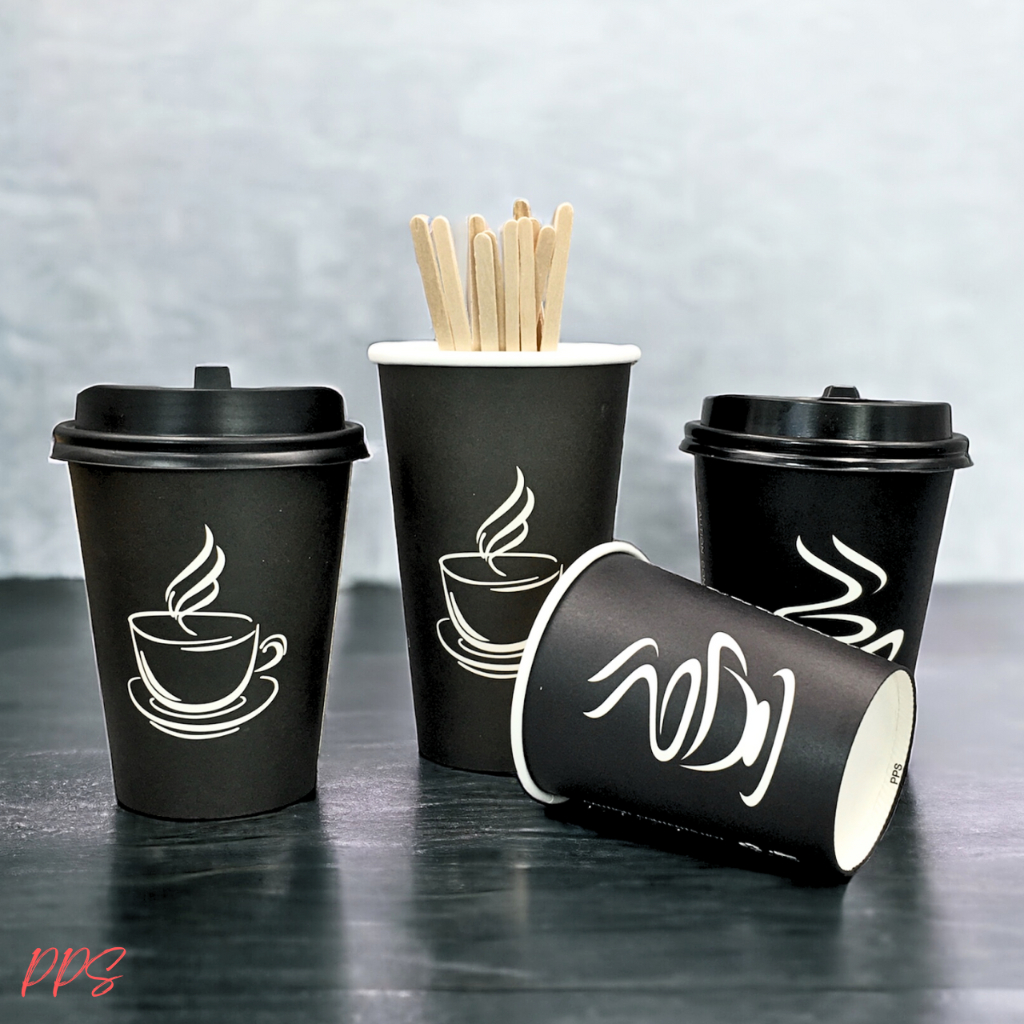 50pcs Black Paper Cup - Printed Coffee Logo With Black Flip Lid ...