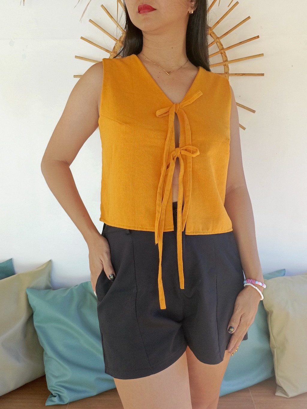 TOPS SUMMER SALE TIE VEST COTTON LINEN DOUBLE LINING COQUETTE FOR