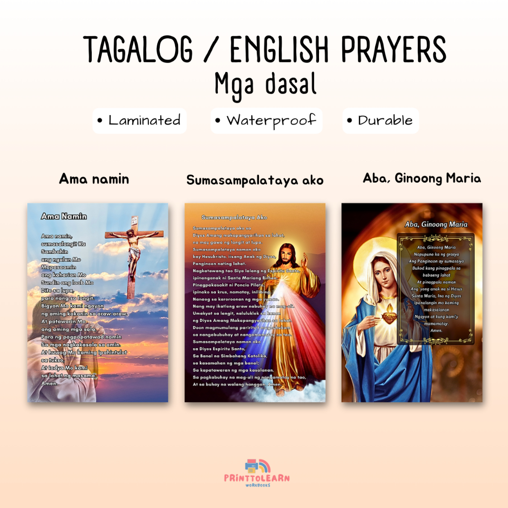 Tagalog English Prayers Mga Dasal Ama Namin Aba Ginoong Maria A4 Laminated Chart 1pc 0762