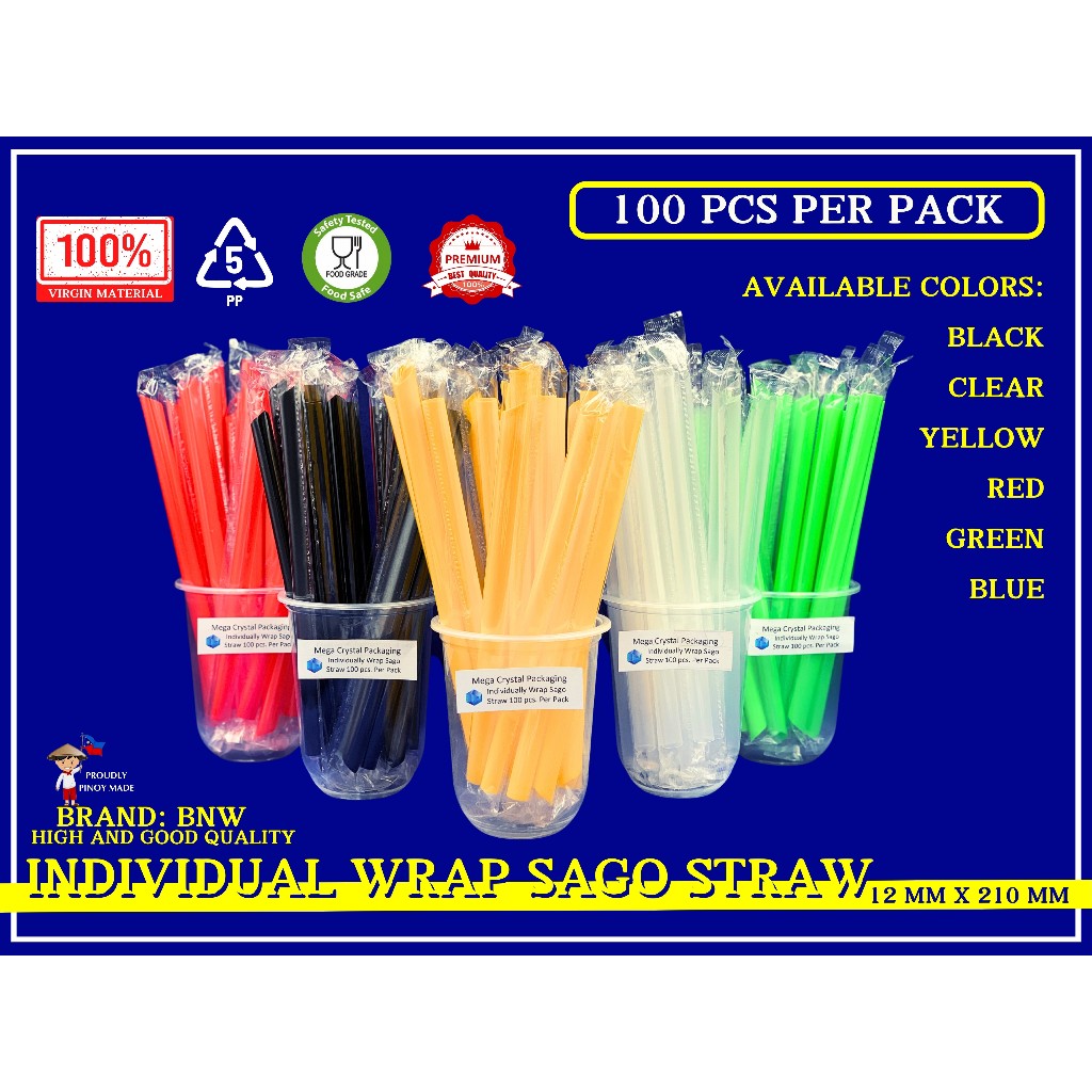 [ 100 Pcs ] Individually Wrap Black / Colored Boba / Sago Straw Pointed ...