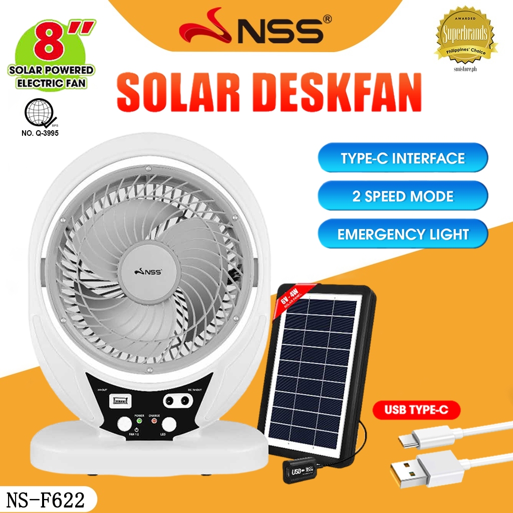 Nss Solar Electric Fan Inch Portable Rechargeable Solar Deskfan With Led Emergency Lighting