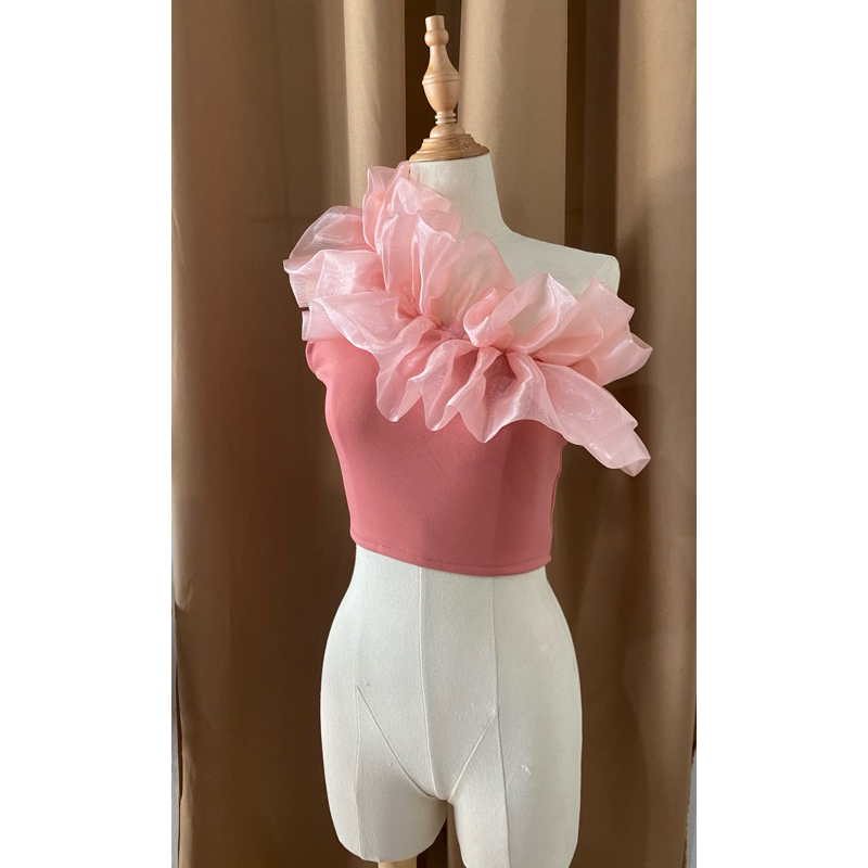 Catalina one side ruffle organza crop top | Shopee Philippines