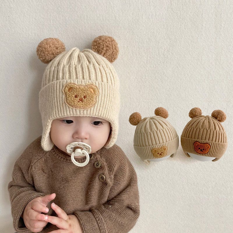 Baby Wool Cap Boys Girls Hats Children Knitting Cap Kids Warm Thick Cap  Cartoon Bear Ear Protection