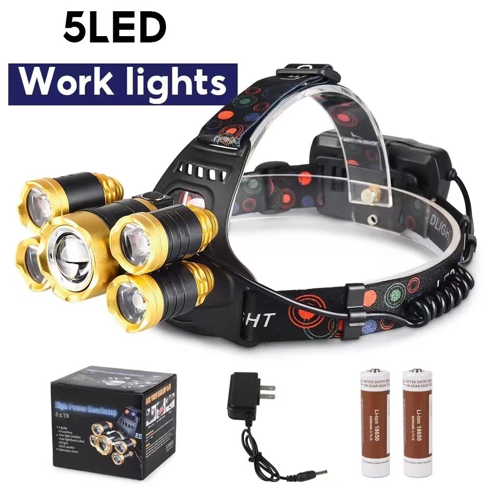 Rechargeable 5 Led Headlamp Flashlight Adjustable Waterproof T6 Head ...