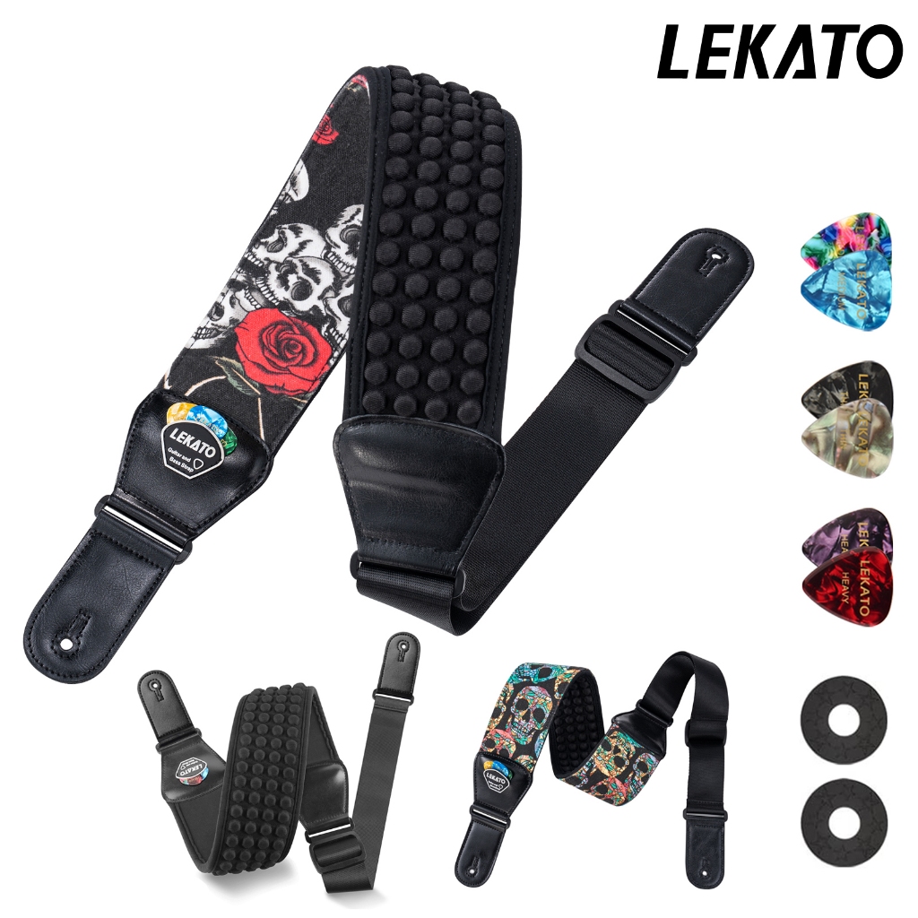 LEKATO Guitar Straps for Electric Guitar Bass, 3.5 Wide Padded Guitar Strap Neoprene Pad with 3D Sponge Filling Bass Guitar Straps Adjustable Length from 45 to 55 with Strap Locks, Picks