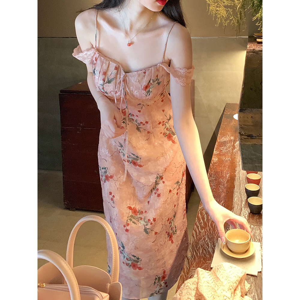 korean long pink floral dress for women summer dress fairy puff sexy ...