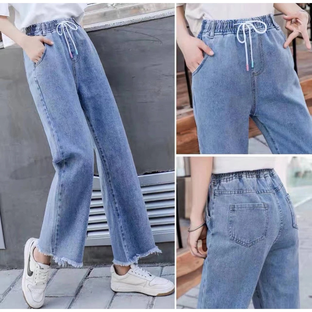 ZHI XIN denim high waist ripped garterized boyfiend jeans wide leg ...