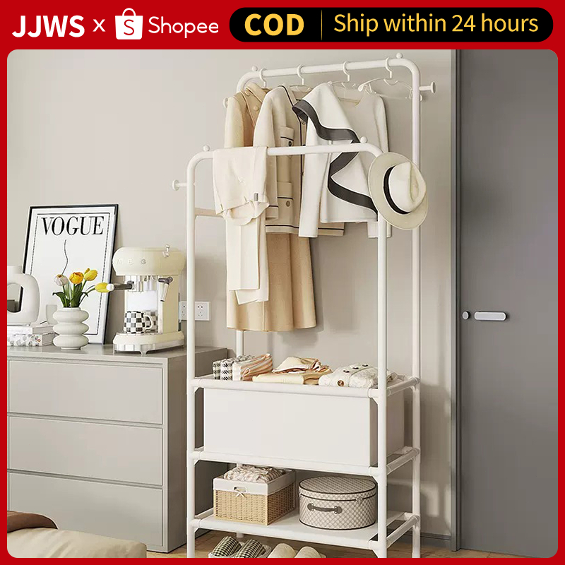 JJWS Cloth Rack Double Pole Hanger Storage Box Clothes Rack Simple Coat ...