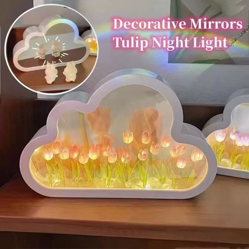 Tulips Mirror Lamp Valentines Gift Led Tulip Flower Night Lamp DIY Gift