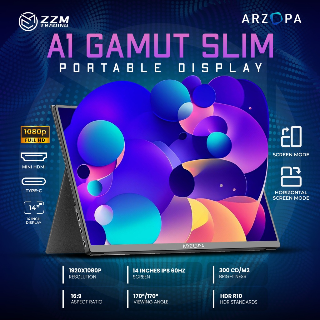 ARZOPA A1 Gamut Slim 14-inch Portable Display Monitor HDR Type-C, PS4/5 ...