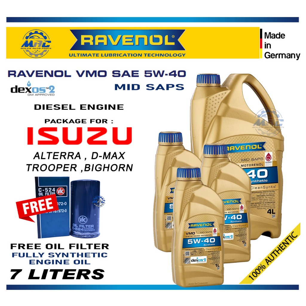 RAVENOL VMO 5W40 DEXOS 2 FULLY SYNTHETIC ENGINE OIL 7 Liters PACKAGE ...