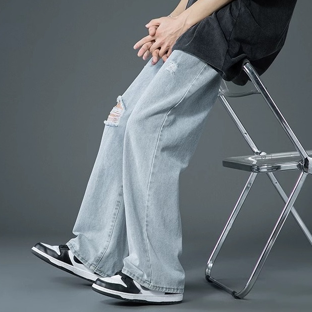 PLUE SIZE~Long Ripped jeans blue denim straight wide leg loose Korean ...