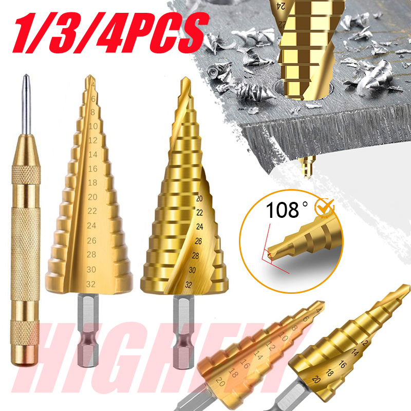 1/3/4PCS HSS Step Drill Bit Titanium Coated Wood Metal Hole Cutter Core ...