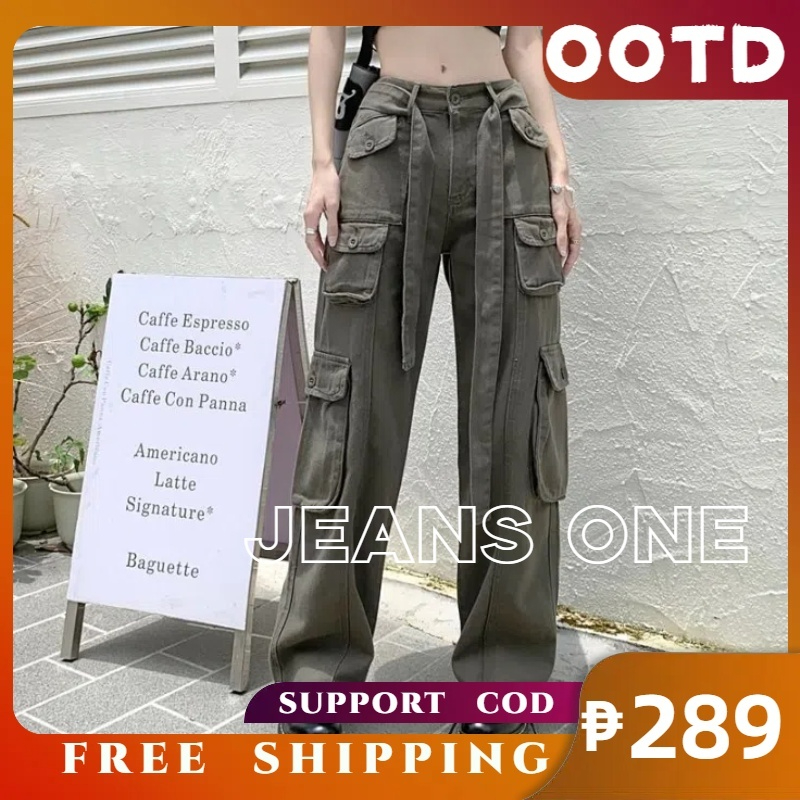 American retro multipocket old work pants Women loose thin straight