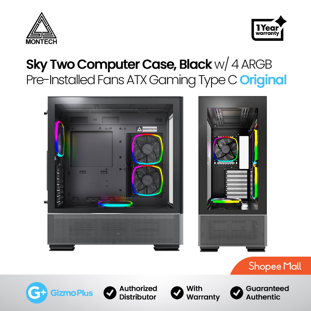 Montech Sky Two Computer Case w/ 4 ARGB Pre-Installed Fans ATX Gaming ...