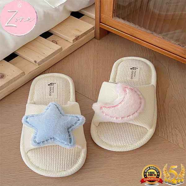 ZONA New Linen Slippers Women's Home Indoor Slippers Cute STAR AND MOON  DESIGN comfortable to wear