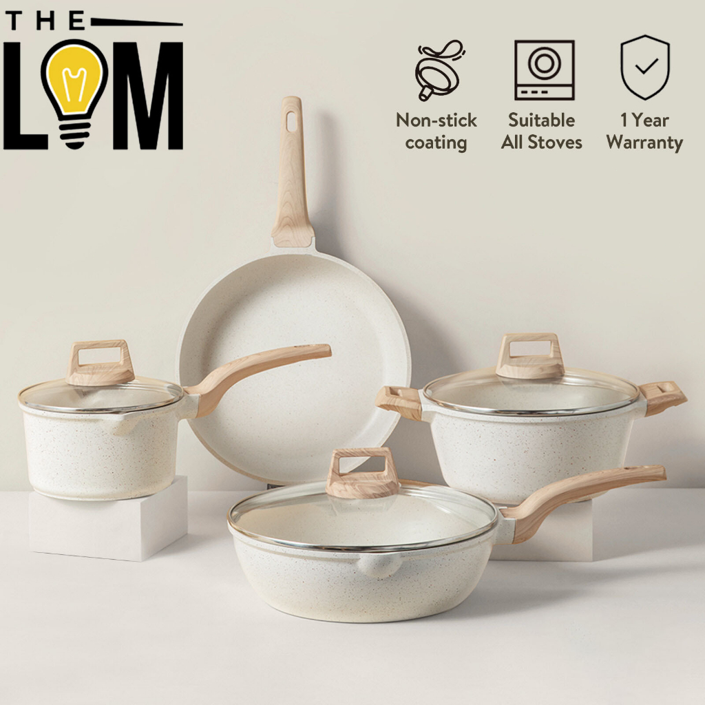 Non Stick Frying Pan 4 pcs Kitchen ware Cookware Set kaldero pot White Granite Original Export