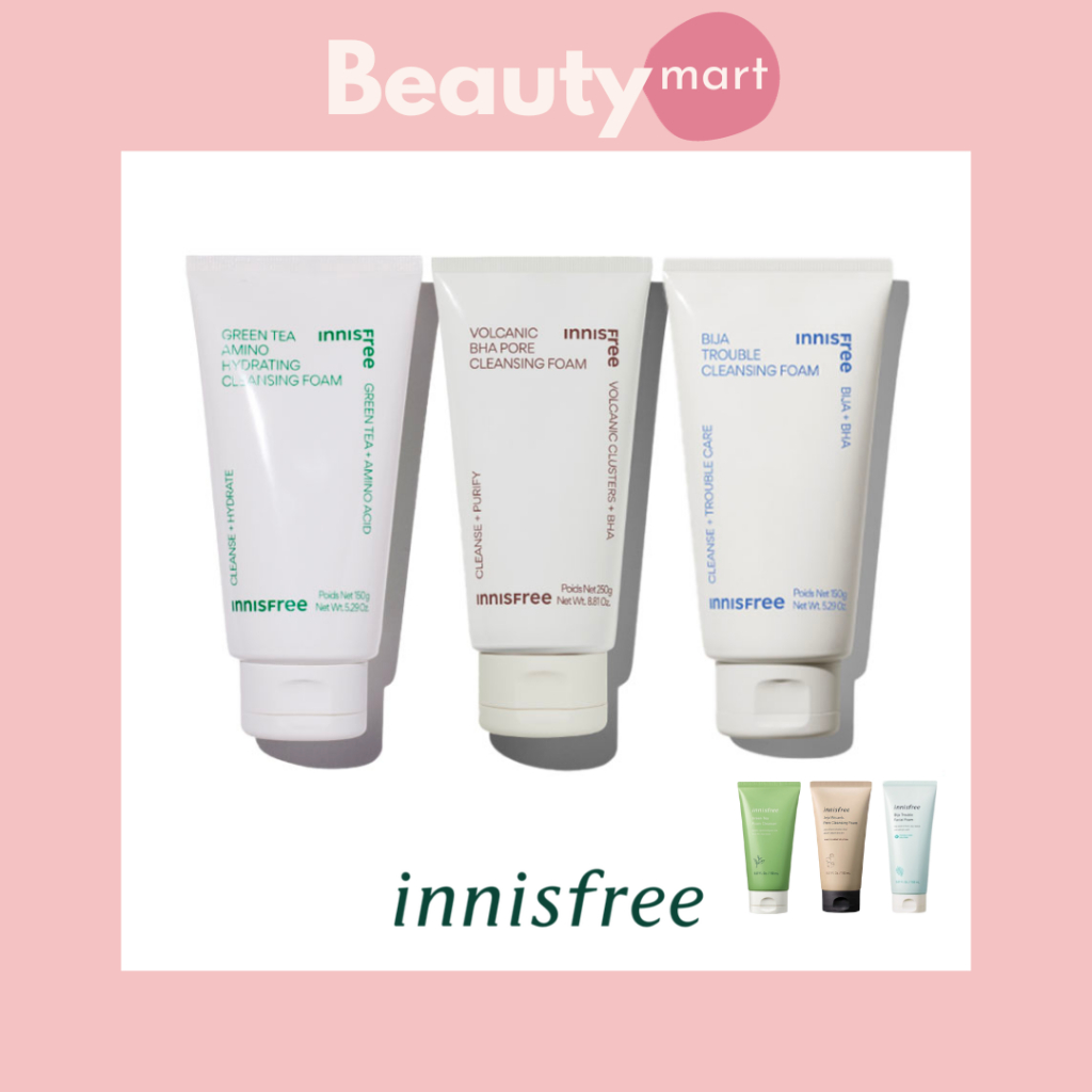 Innisfree Jeju Volcanic Pore Cleanser, Green Tea Foam Cleanser, Bija Trouble Facial Foam Beauty