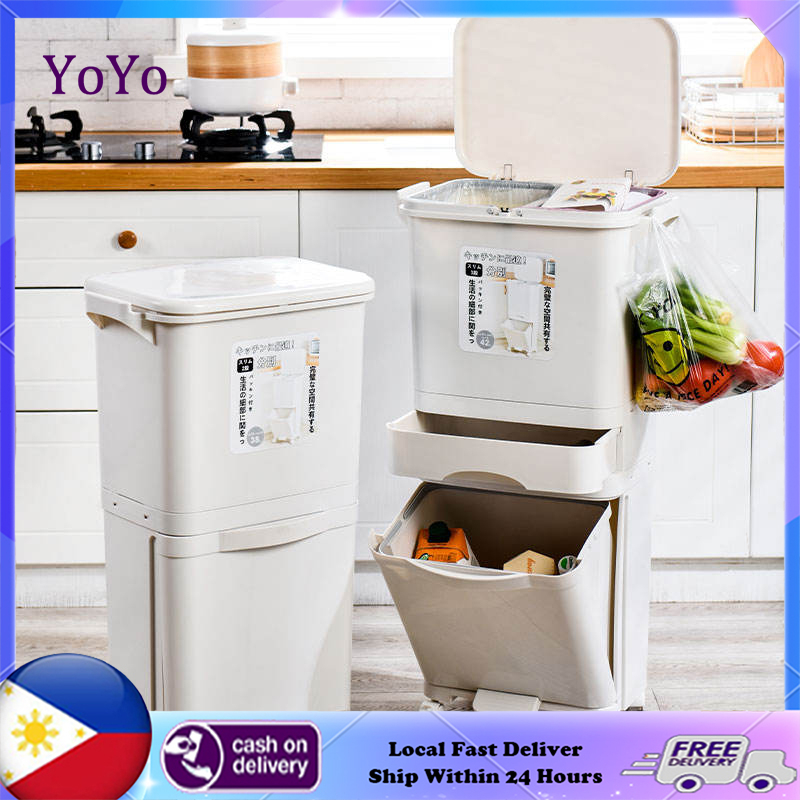 Double Kitchen Trash Can with Cover Garbage Recycling Bins Dry And Wet Separation Garbage