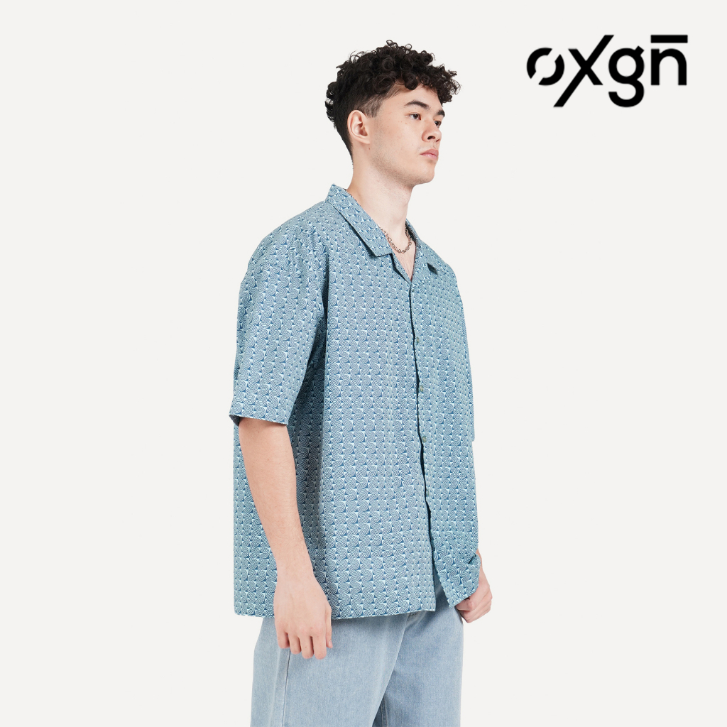 OXGN Wave Print Open Collar Resort Shirt For Men (Blue) | Shopee ...