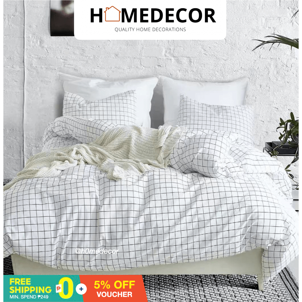 White Grid Classic Modern Design 3in1 Korean Cotton Bedsheet Set (Size