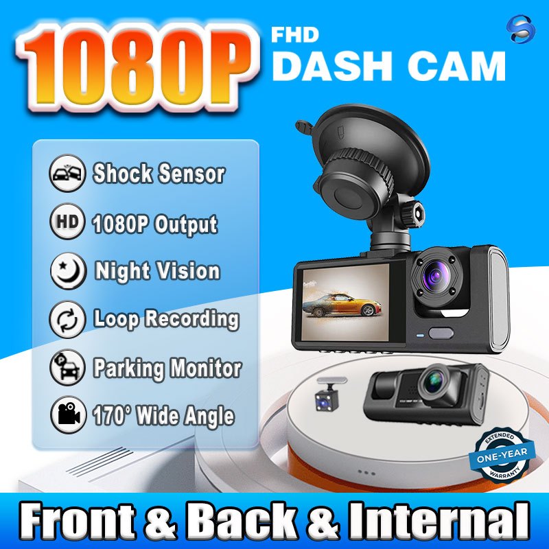 1080P Dash Cam For Car Front And Rear 3 Camera Recorder With Night
