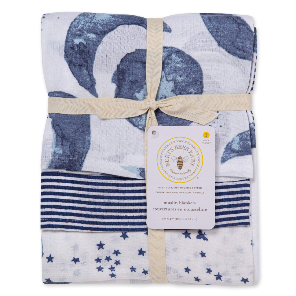 Burts Bees Baby Organic Baby 3pack Muslin Swaddle Blankets (Hello Moon