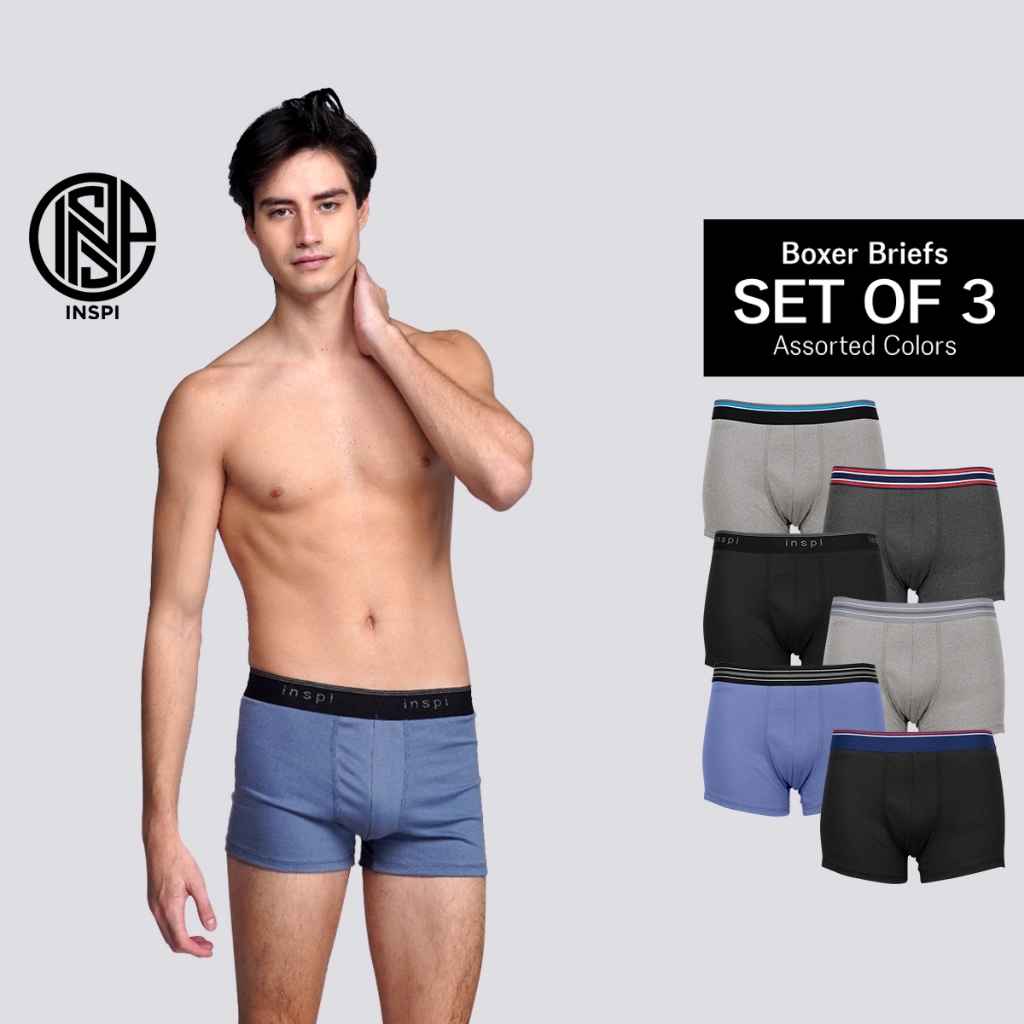 INSPI Basics 3pcs Set Boxer Brief for Men Boxers Shorts Assorted Colors  Underwear Black Gray Blue