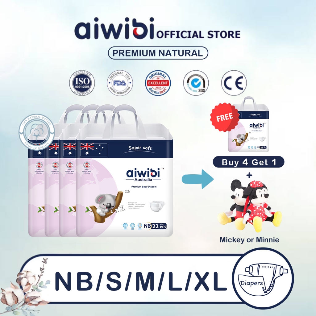 Aiwibi Premium Natural Newborn Diapers Tape Pant NB22/S32/M30/L26/XL24 ...